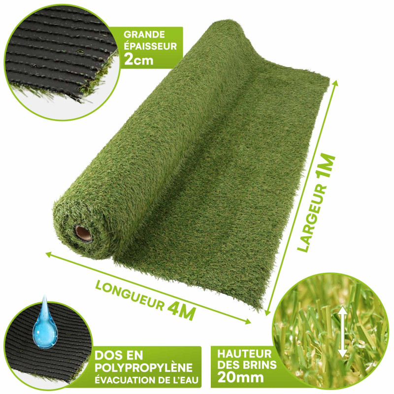 Gazon synthétique artificiel rouleau 4m2 - 1230g/m2 - Épaisseur 2cm - Pelouse synthétique balcon, terrasse - Effet Naturel