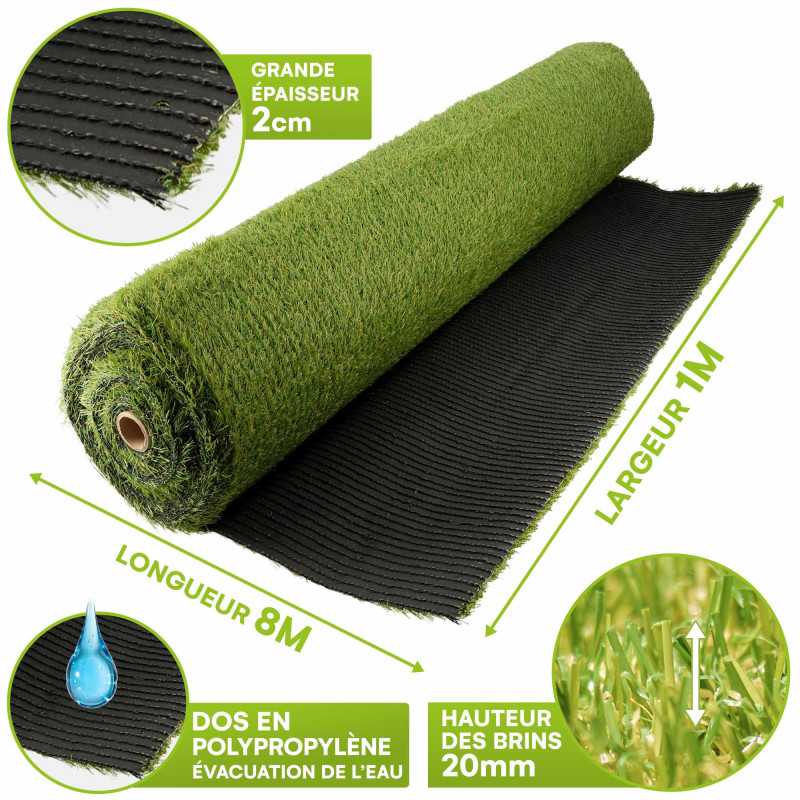 Gazon synthétique artificiel rouleau 8m2 - 1230g/m2 - Épaisseur 2cm - Pelouse synthétique balcon, terrasse - Effet Naturel