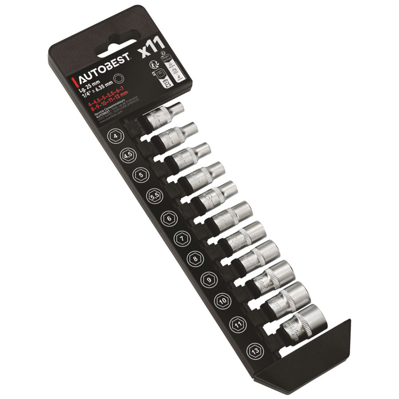 Jeu de 11 douilles - 6 pans - carré 1/4 - Acier Chrome-Vanadium - Longueur 25mm