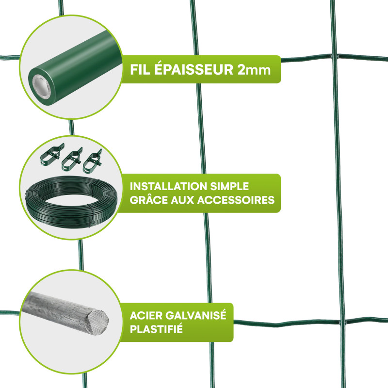 Grillage soudé - Rouleau 25x1m - Maille 100x50 mm - épais. 2mm - Acier galvanisé plastifié - Tendeurs et câbles inclus