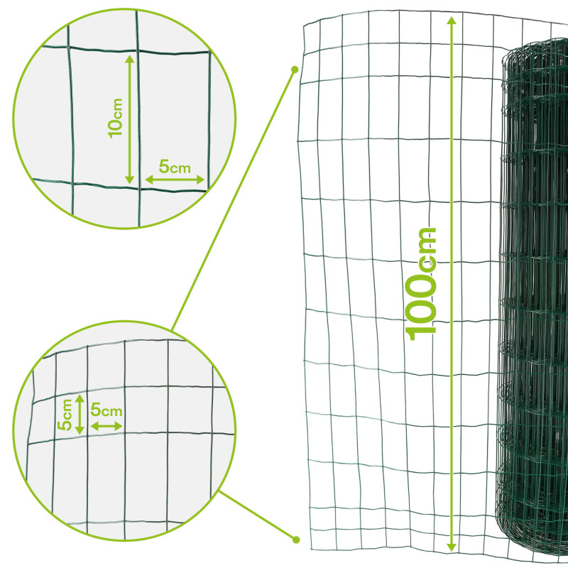 Grillage soudé - Rouleau 25x1m - Maille 100x50 mm - épais. 2mm - Acier galvanisé plastifié - Tendeurs et câbles inclus