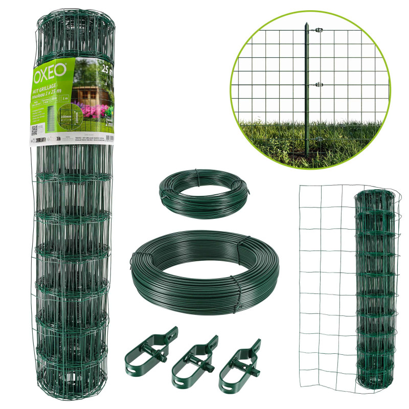 Grillage soudé - Rouleau 25x1m - Maille 100x100 mm - épais. 2mm - Acier galvanisé plastifié - Tendeurs et câbles inclus