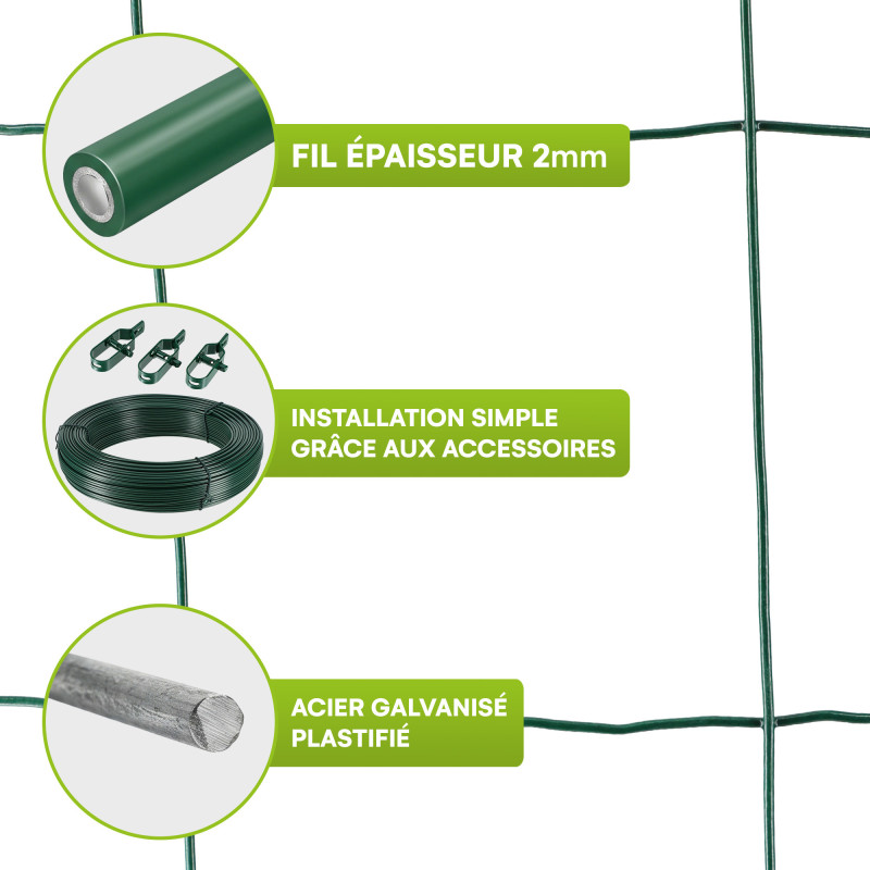 Grillage soudé - Rouleau 25x1m - Maille 100x100 mm - épais. 2mm - Acier galvanisé plastifié - Tendeurs et câbles inclus