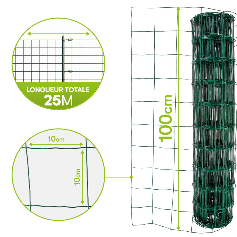 Grillage soudé - Rouleau 25x1m - Maille 100x100 mm - épais. 2mm - Acier galvanisé plastifié - Tendeurs et câbles inclus