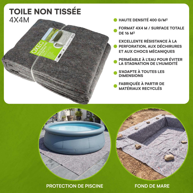 Toile non tissée protection des sols - 400 gr/m2 - 4x4m - Protection UV et perméable - Feutre géotextile pour Piscine et Bassin