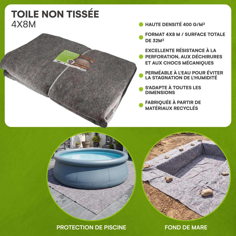 Toile non tissé protection des sols - 400 gr/m2 - 4x8m - Protection UV et perméable - Feutre géotextile pour Piscine et Bassin