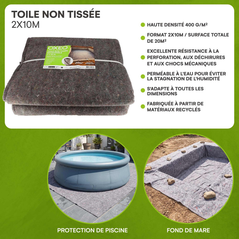 Toile non tissé protection des sols - 400 gr/m2 - 2x10m - Protection UV et perméable - Feutre géotextile pour Piscine et Bassin