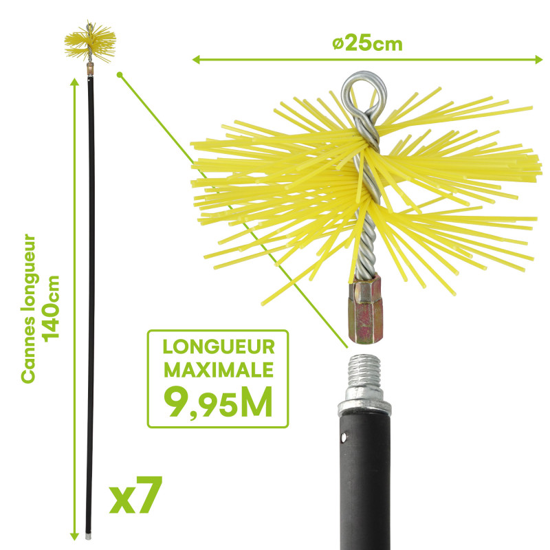 Kit ramonage cheminée - 12 pièces - Hérisson PVC - 7 cannes souples 1m40 - 2 brosses - Pelle - Conduit inox souple ou rigide