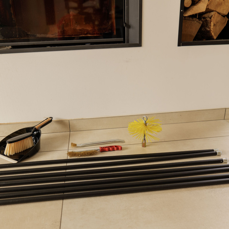 Kit ramonage cheminée - 12 pièces - Hérisson PVC - 7 cannes souples 1m40 - 2 brosses - Pelle - Conduit inox souple ou rigide