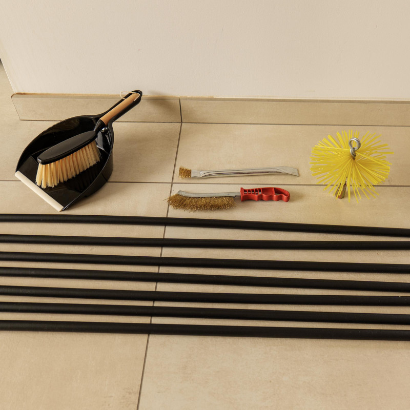 Kit ramonage cheminée - 12 pièces - Hérisson PVC - 7 cannes souples 1m40 - 2 brosses - Pelle - Conduit inox souple ou rigide
