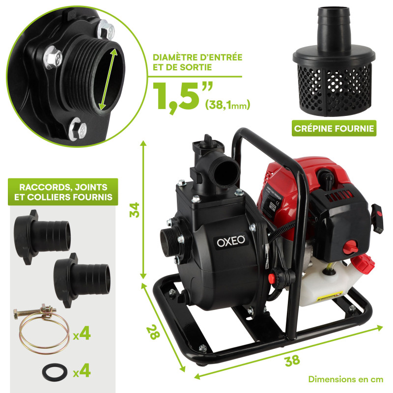 Pompe à eau thermique 52 cm3 - 3 CV - 2 temps - Débit 15m3/h - Motopompe jardin - Hauteur aspiration 8m