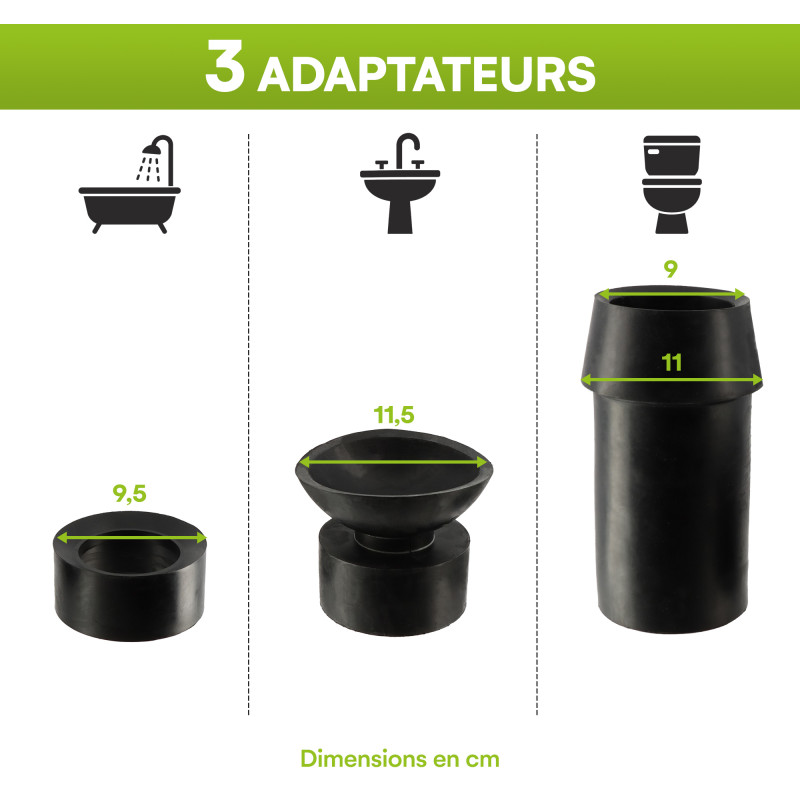 Déboucheur toilette - évier - baignoire - 3 Adaptateurs inclus - Déboucheur à pompe - canalisation Pro