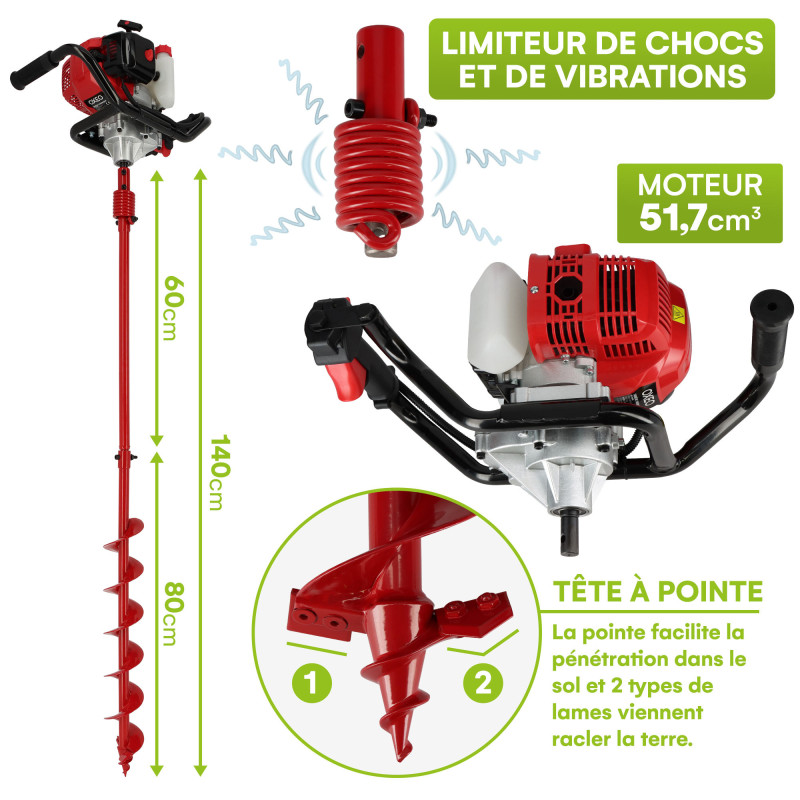 Tarière thermique 52cc - 2CV - 2 mèches diamètre 100 et 200 mm - 1 extension 60 cm -  Moteur 2 temps