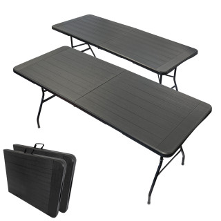2 tables pliantes effet bois noires - Long 180 cm - Table jardin 8 Personnes - Poignée de transport - Pique-nique et réception