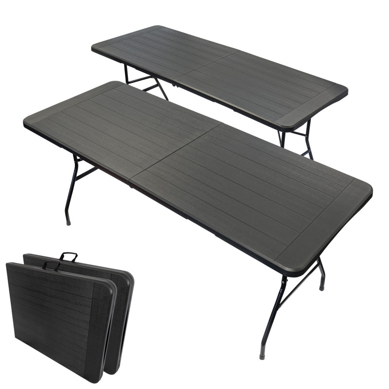 2 tables pliantes effet bois noires - Long 180 cm - Table jardin 8 Personnes - Poignée de transport - Pique-nique et réception