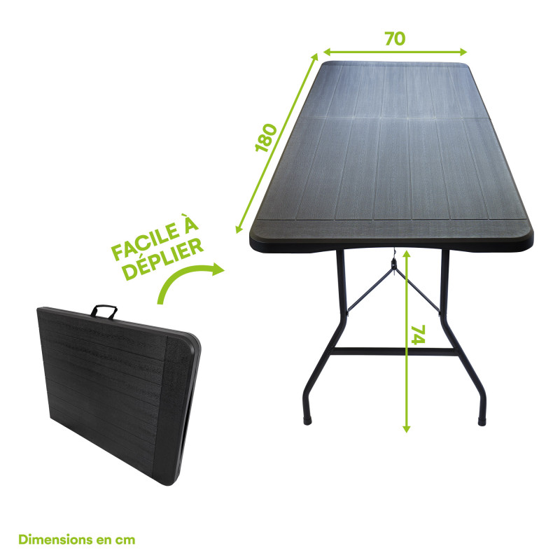 2 tables pliantes effet bois noires - Long 180 cm - Table jardin 8 Personnes - Poignée de transport - Pique-nique et réception