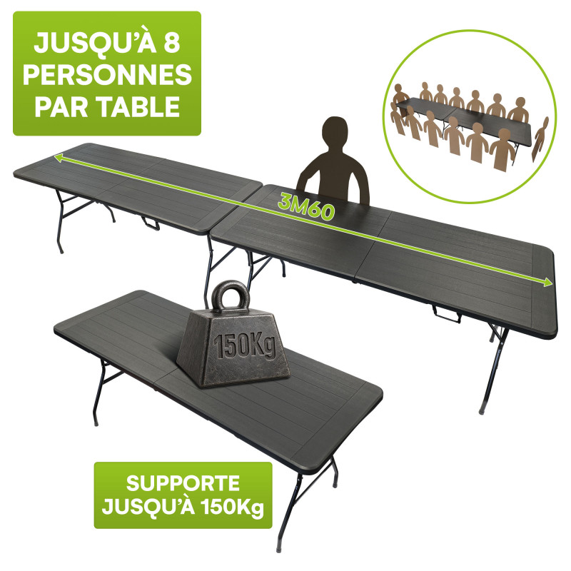 2 tables pliantes effet bois noires - Long 180 cm - Table jardin 8 Personnes - Poignée de transport - Pique-nique et réception
