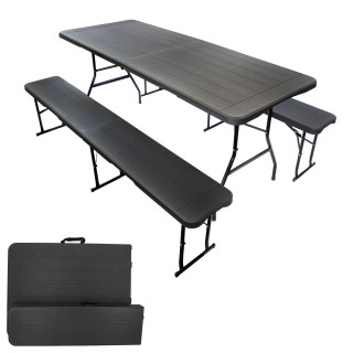 Ensemble table et bancs noirs effet bois - Long 180 cm - 8 Personnes - Poignée de transport - Table pliante et 2 bancs pliants