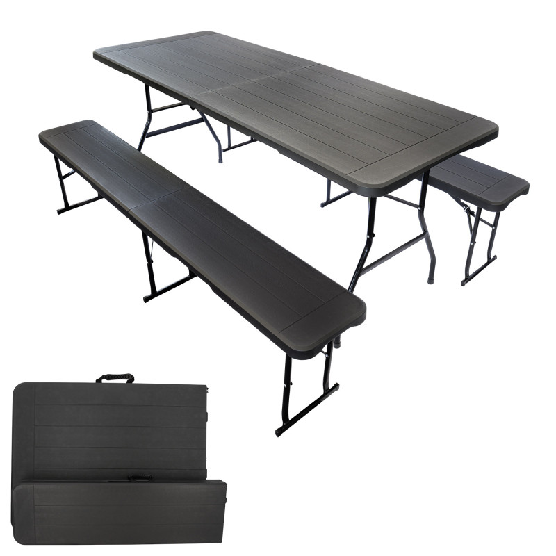 Ensemble table et bancs noirs effet bois - Long 180 cm - 8 Personnes - Poignée de transport - Table pliante et 2 bancs pliants