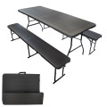 Ensemble table et bancs noirs effet bois - Long 180 cm - 8 Personnes - Poignée de transport - Table pliante et 2 bancs pliants
