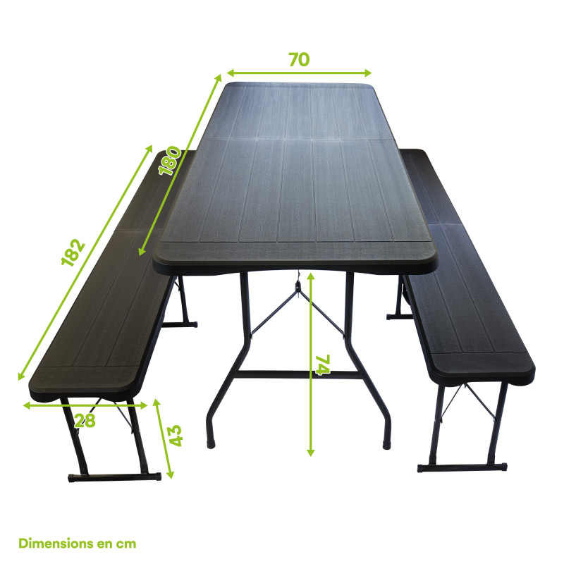 Ensemble table et bancs noirs effet bois - Long 180 cm - 8 Personnes - Poignée de transport - Table pliante et 2 bancs pliants