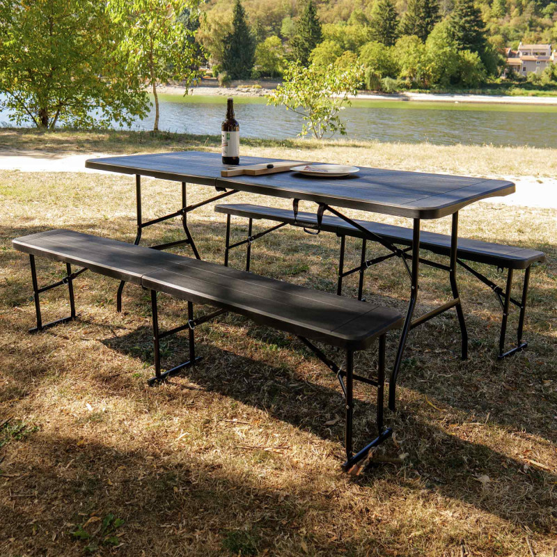 Ensemble table et bancs noirs effet bois - Long 180 cm - 8 Personnes - Poignée de transport - Table pliante et 2 bancs pliants