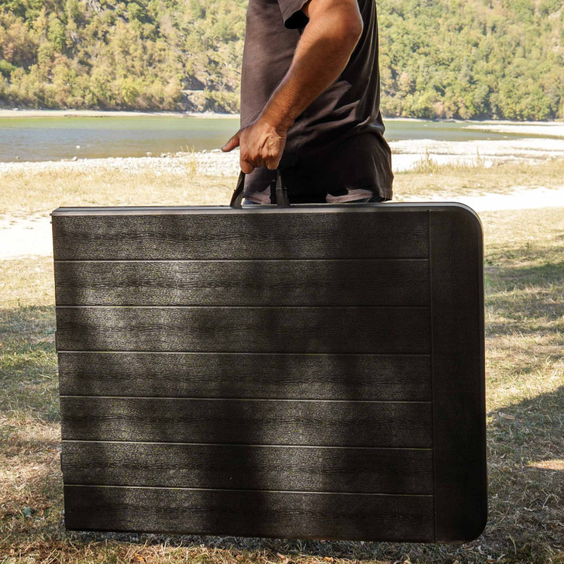 Ensemble table et bancs noirs effet bois - Long 180 cm - 8 Personnes - Poignée de transport - Table pliante et 2 bancs pliants