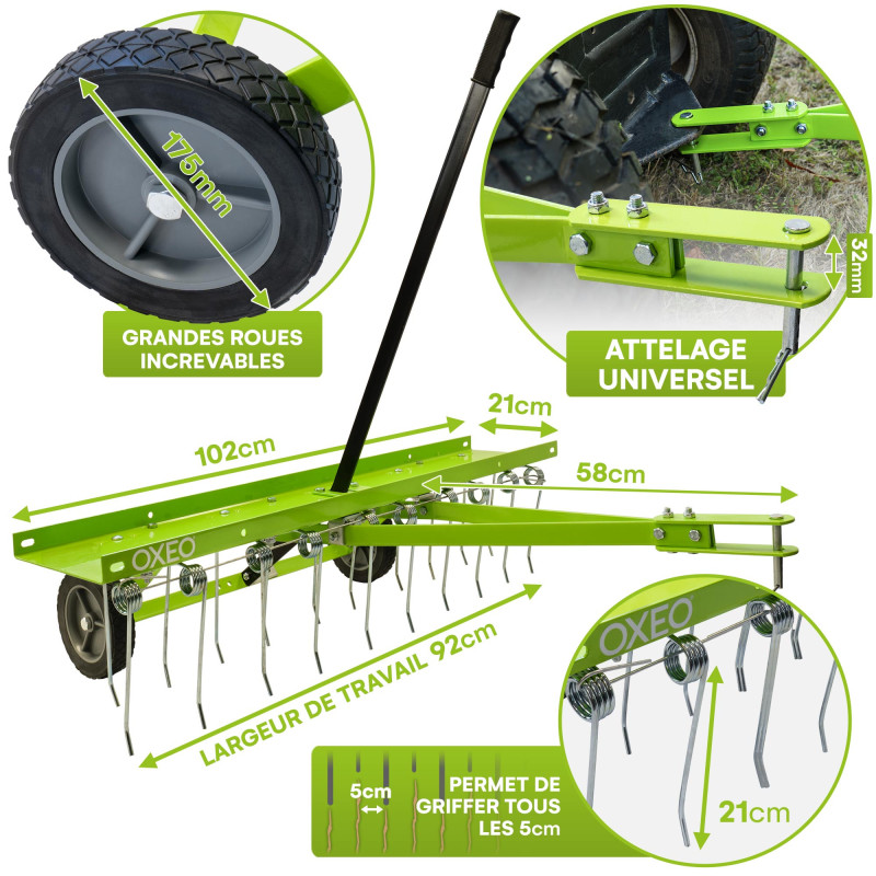 Scarificateur griffes à tracter - Largeur de travail 92 cm - Griffes acier - Roues increvables 17,5 cm - pour Tracteur Tondeuse