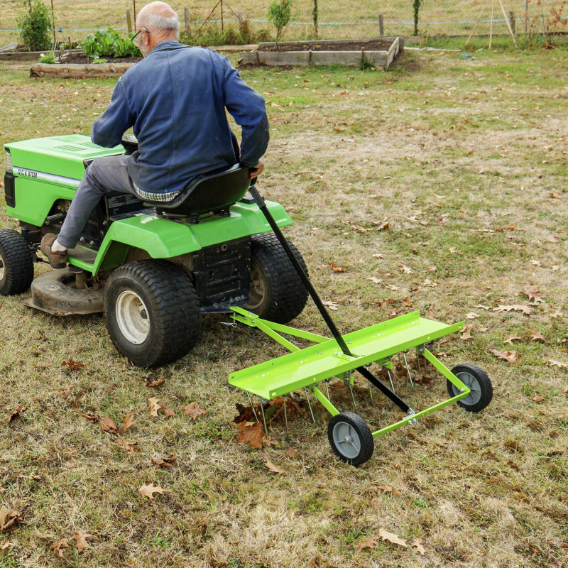 Scarificateur griffes à tracter - Largeur de travail 92 cm - Griffes acier - Roues increvables 17,5 cm - pour Tracteur Tondeuse