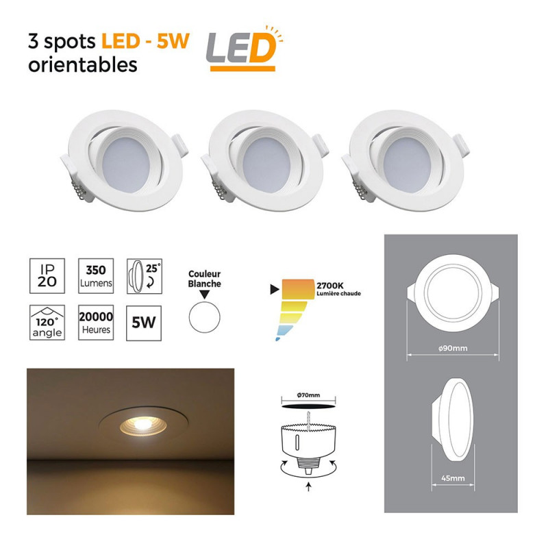 3 spots leds intégrées orientables 3x5W