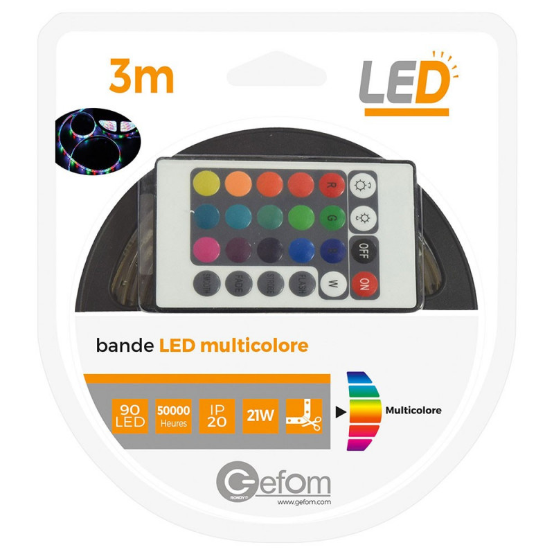 Bande LED 21W 3m multicolore avec télécommande