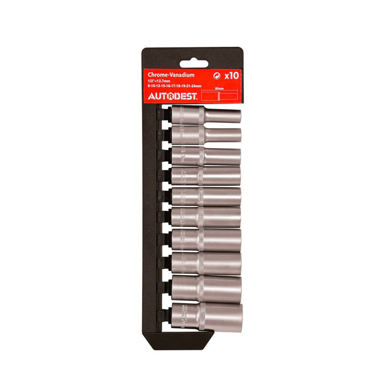 Jeu de 10 douilles longues carré 1/2" - 8 à 24 mm