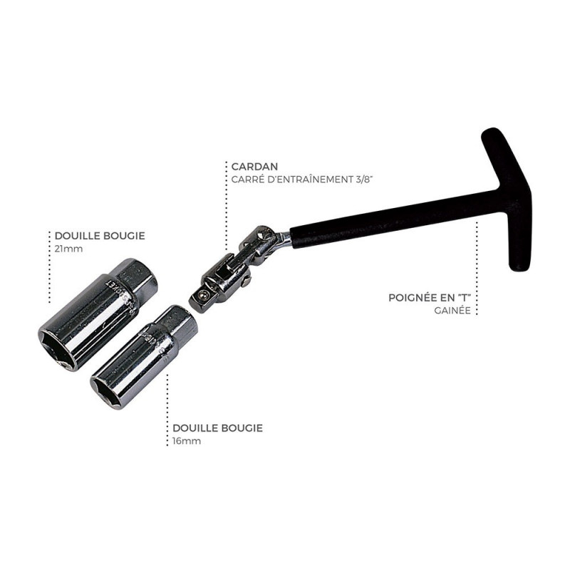 Clé à bougie à cardan et 2 douilles 16 et 21 mm