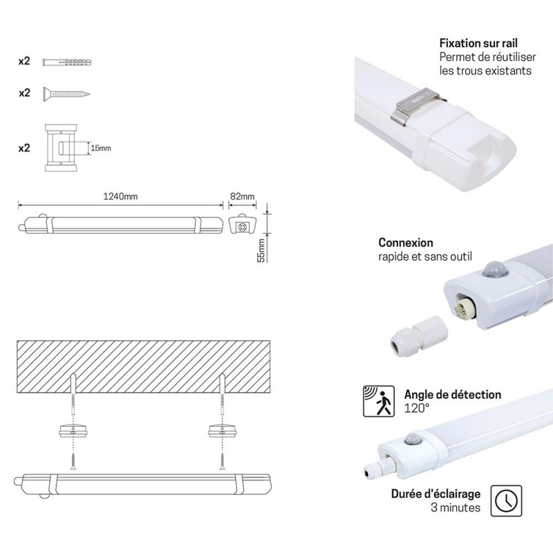 Réglette LED avec détecteur - 120 cm