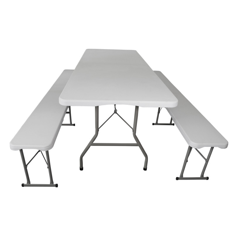 Table et bancs de jardin - Table pliante jardin - Table pique nique + 2 bancs pliants camping  - Blanc