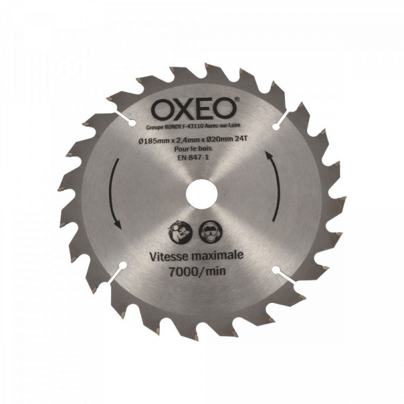 Lame - dia 185mm x 2,4 mm x dia 20 mm - 7000 t/min - pour scie circulaire 1200W - pour le bois - pour ref OXEO 760061