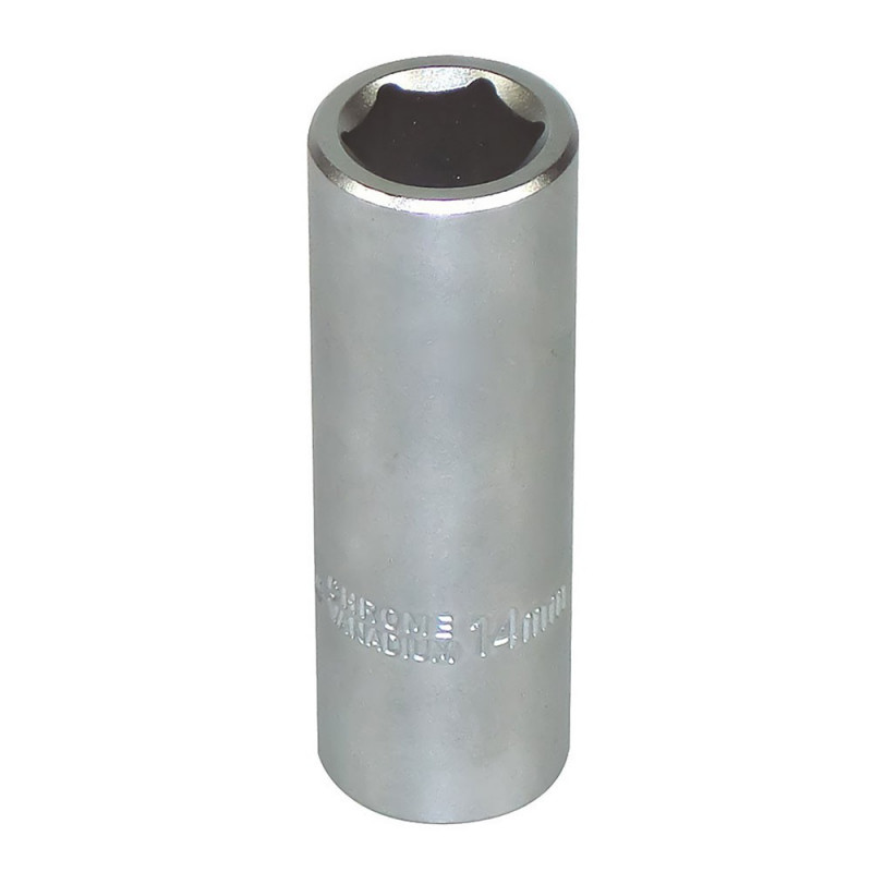 Douille longue 14 mm, acier au chrome vanadium, satinée, 6 pans,carré 1/2 - 12,7 mm