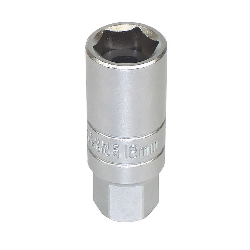 Douille longue 18 mm, acier au chrome vanadium, satinée, 6 pans,carré 1/2 - 12,7 mm
