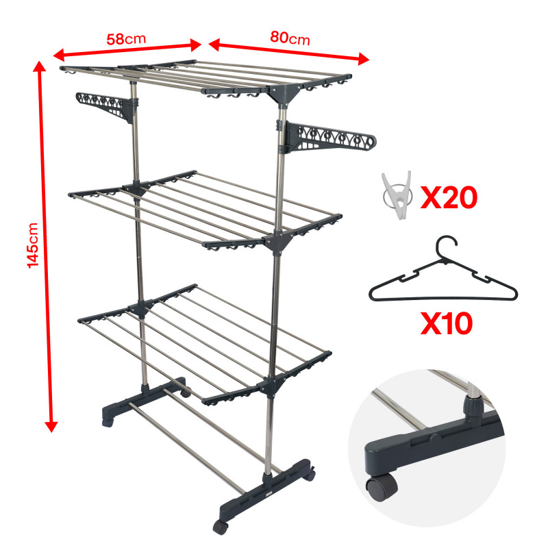 Etendoir pliable sur roulettes - 3 niveaux - Séchoir à linge acier - H145 cm - 10 cintres - 20 pinces à linges - 2 porte-cintres