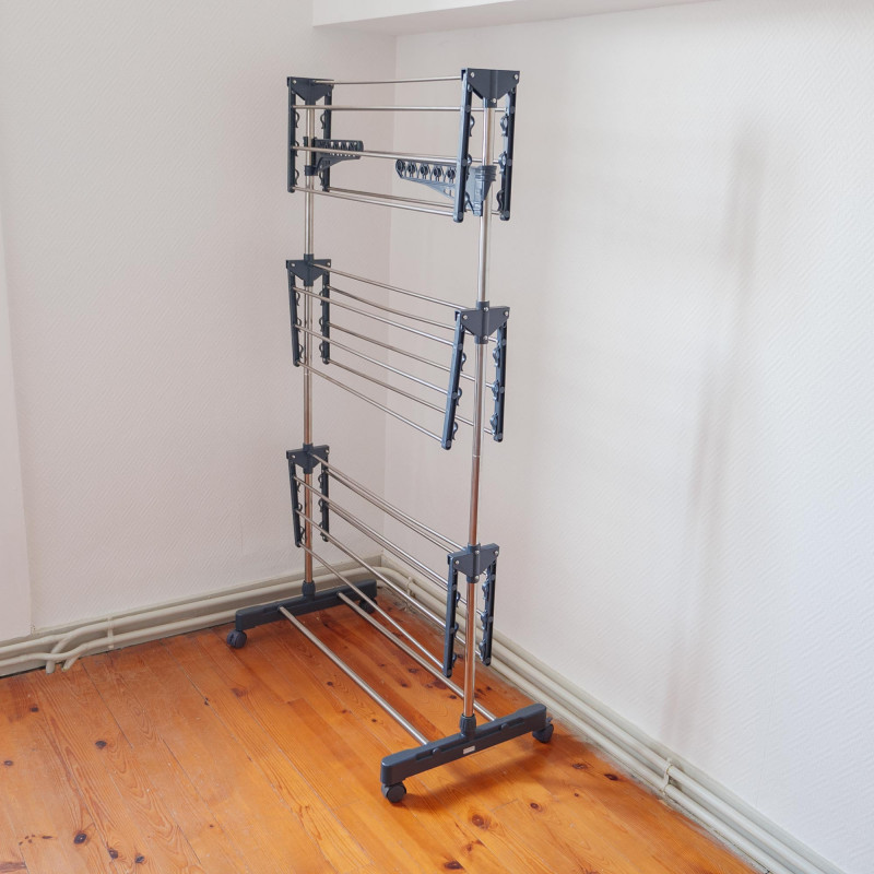 Etendoir pliable sur roulettes - 3 niveaux - Séchoir à linge acier - H145 cm - 10 cintres - 20 pinces à linges - 2 porte-cintres