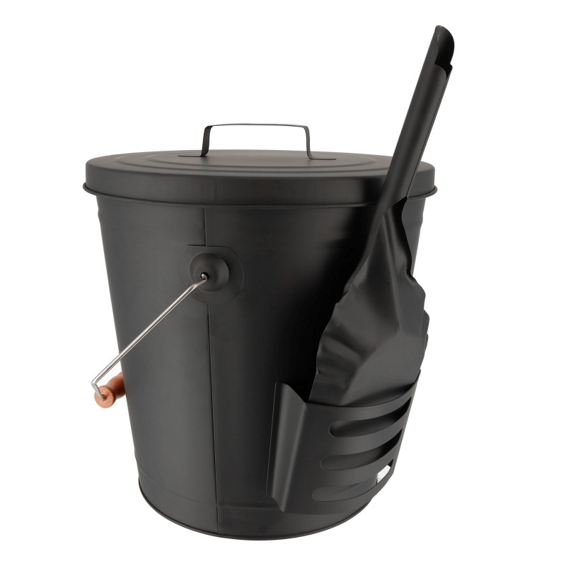 Seau à cendres 24L - Seau à charbon - Avec pelle - Acier - Poignée de transport en bois - Cheminée Poêle et Barbecue