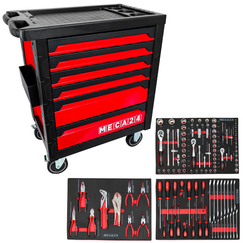 Servante pro 6 tiroirs - 3 tiroirs équipés 112 outils - Fermeture sécurisée - 2 roulettes avec freins - Capacité par tiroir 30kg