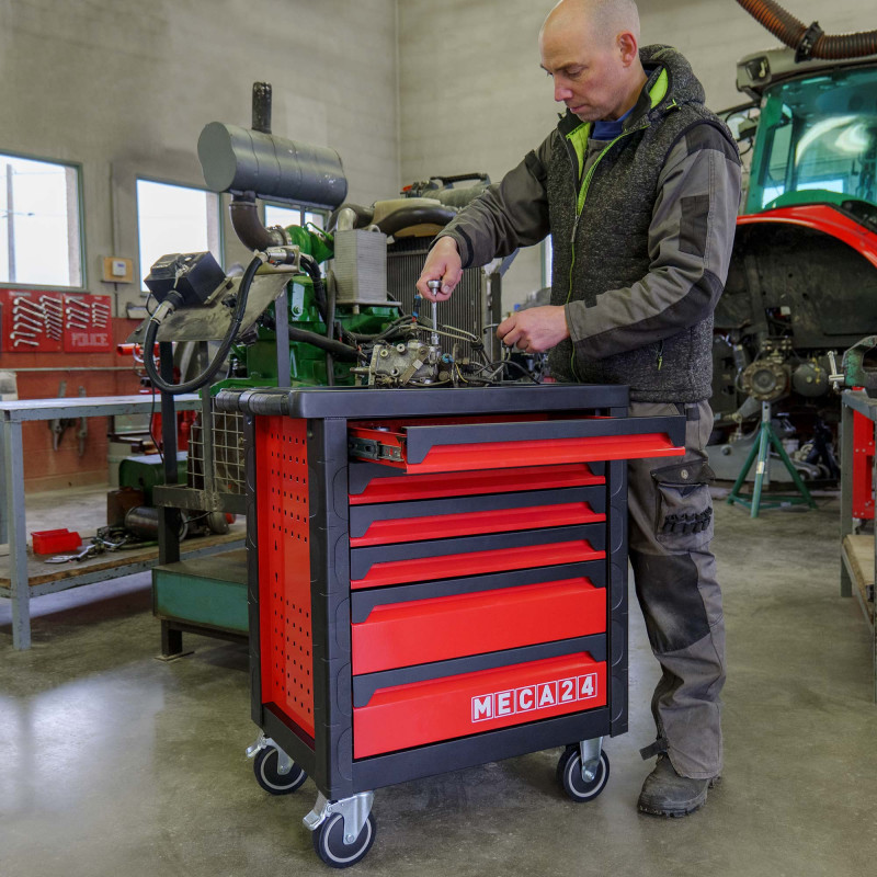 Servante pro 6 tiroirs - 3 tiroirs équipés 112 outils - Fermeture sécurisée - 2 roulettes avec freins - Capacité par tiroir 30kg