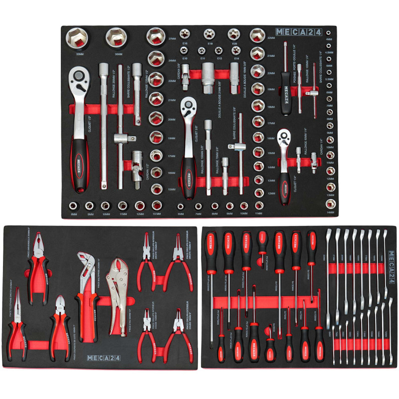 Servante pro 6 tiroirs - 3 tiroirs équipés 112 outils - Fermeture sécurisée - 2 roulettes avec freins - Capacité par tiroir 30kg