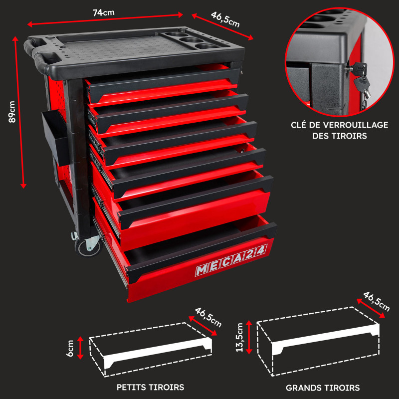 Servante pro 6 tiroirs - 3 tiroirs équipés 112 outils - Fermeture sécurisée - 2 roulettes avec freins - Capacité par tiroir 30kg
