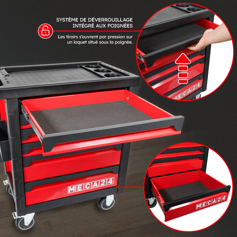 Servante pro 6 tiroirs - 3 tiroirs équipés 112 outils - Fermeture sécurisée - 2 roulettes avec freins - Capacité par tiroir 30kg