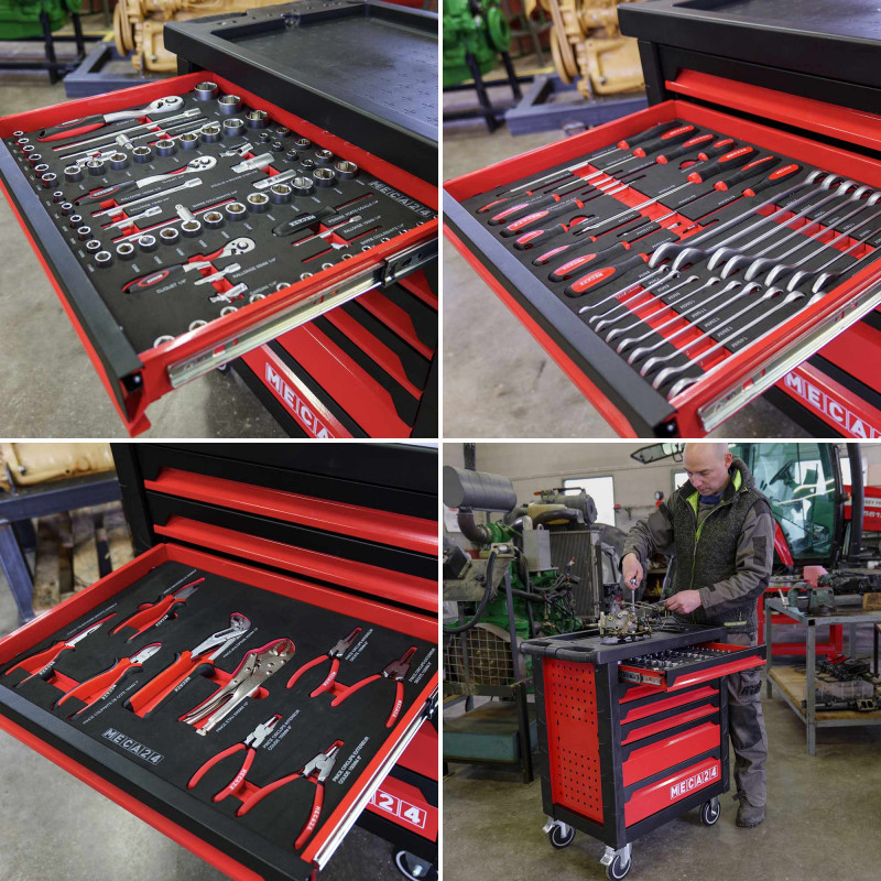 Servante pro 6 tiroirs - 3 tiroirs équipés 112 outils - Fermeture sécurisée - 2 roulettes avec freins - Capacité par tiroir 30kg