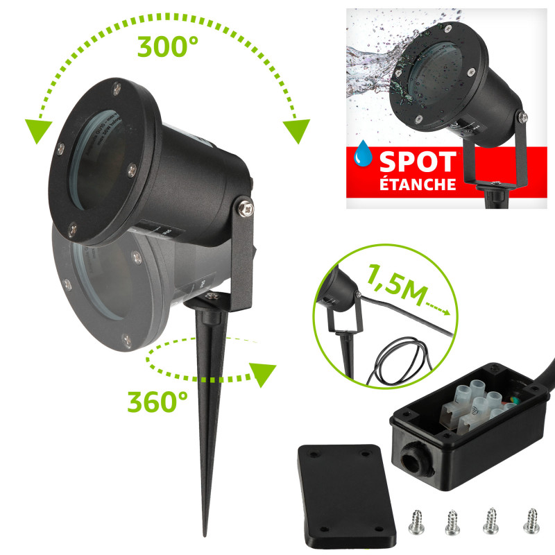 Spot extérieur avec piquet X6 - Pour Ampoule LED GU10 - Câble 1m50 - Éclairage de Jardin à piquer - Orientable - Étanche IP65