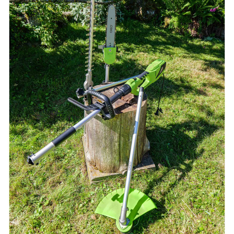 Outil Multifonction électrique 900W -Taille haie - Élagueuse - Débroussailleuse Coupe-bordure - Rallonge 50cm - 2 têtes de coupe