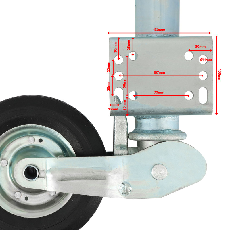 Roue Jockey - 500kg - Tube acier 60mm - Escamotable - Bride de fixation soudée multi-trous - Universelle tous types de remorques